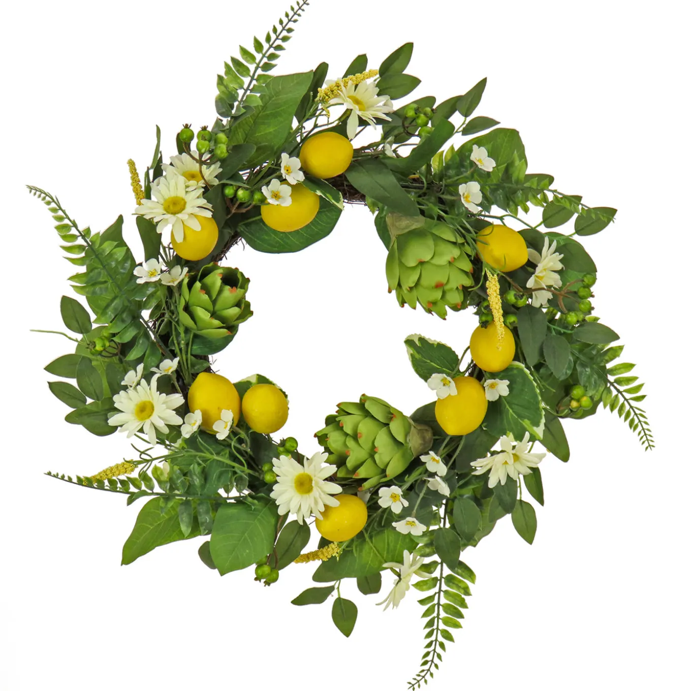22 in. Spring Wreath with Lemons, Artichokes, Daisy Blooms, Leafy Greens