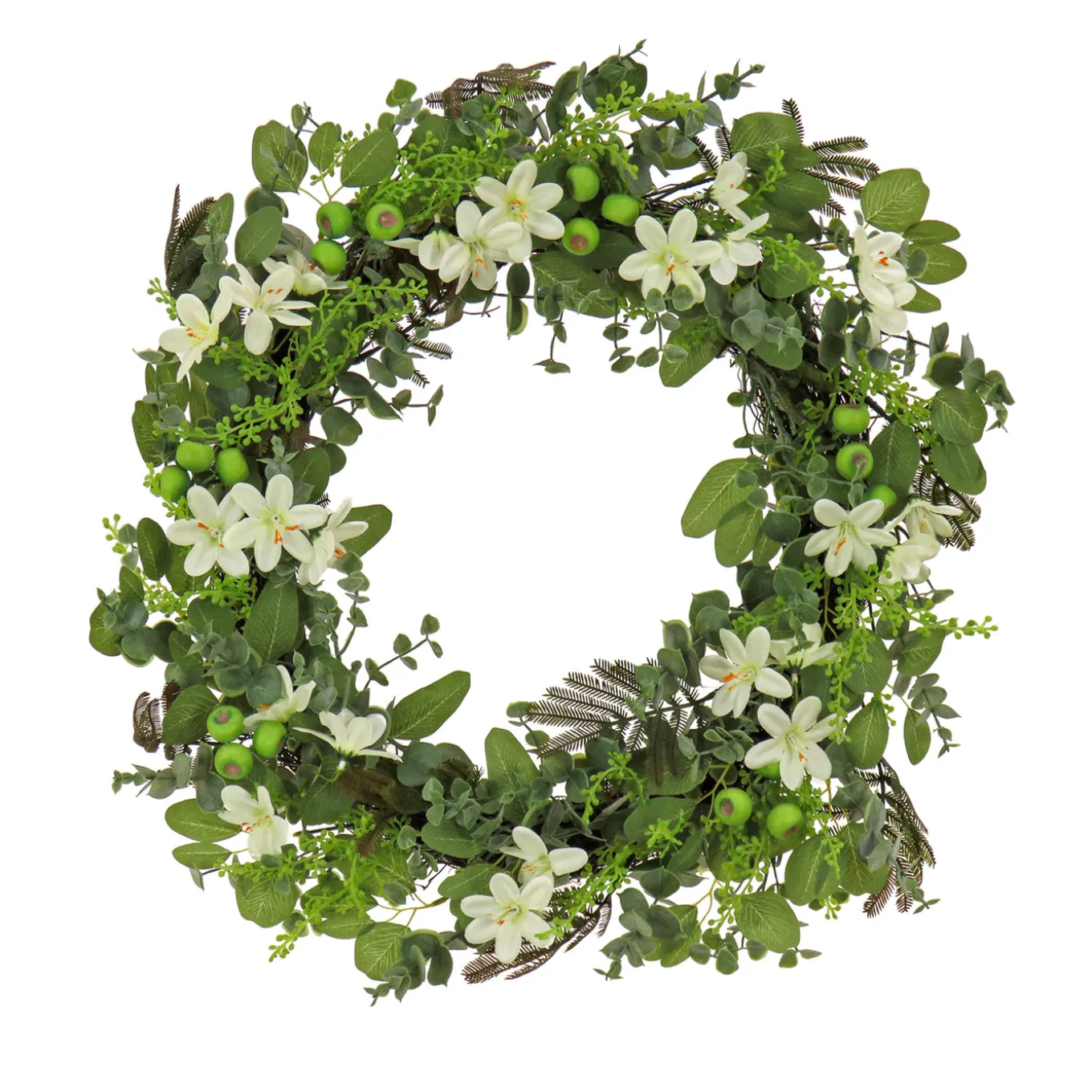 24 in. Spring Wreath with Mixed Flower Blooms and Flowing Green Stems