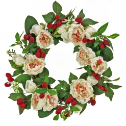 22 in. Spring Wreath with Peony Flowers, Raspberries, and Leafy Greens