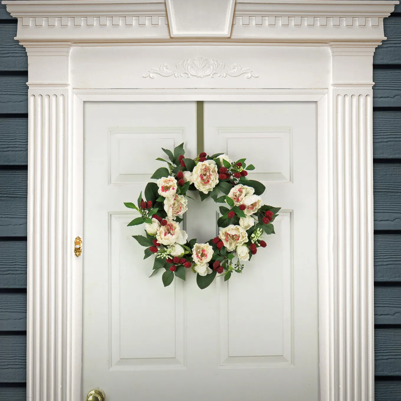 22 in. Spring Wreath with Peony Flowers, Raspberries, and Leafy Greens