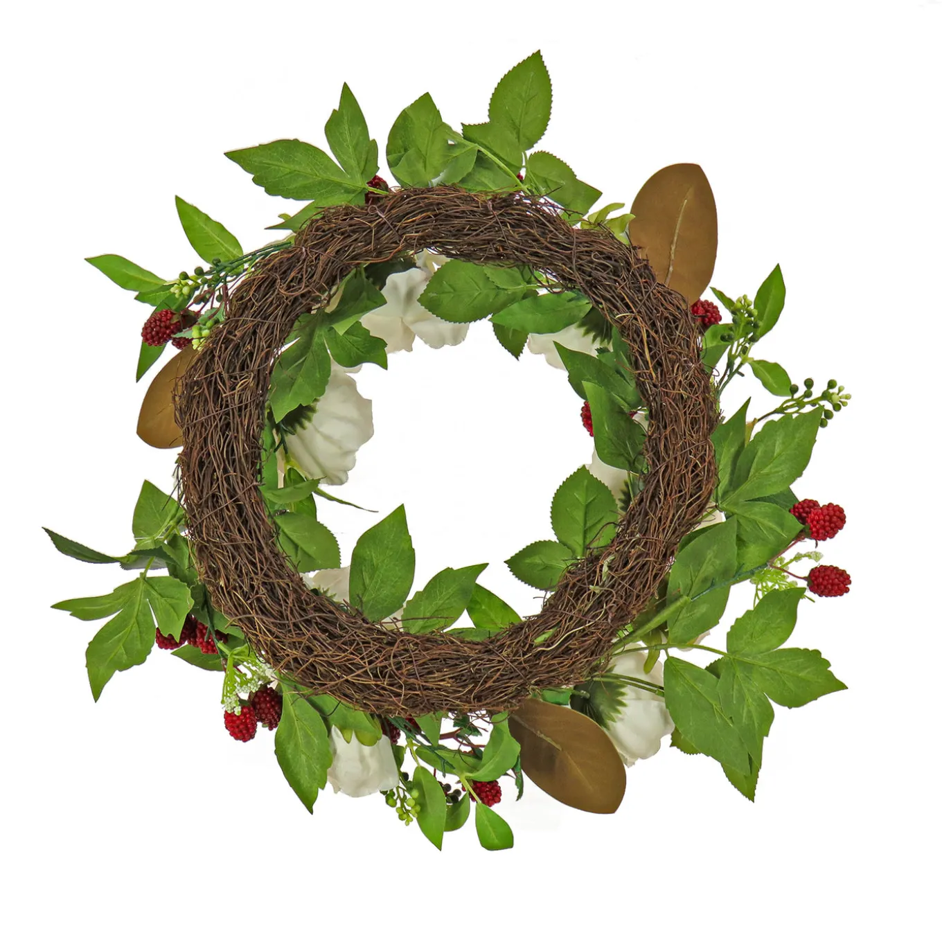 22 in. Spring Wreath with Peony Flowers, Raspberries, and Leafy Greens