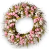 21 in. Spring Wreath with Pink and White Tulips, Flowing Green Stems