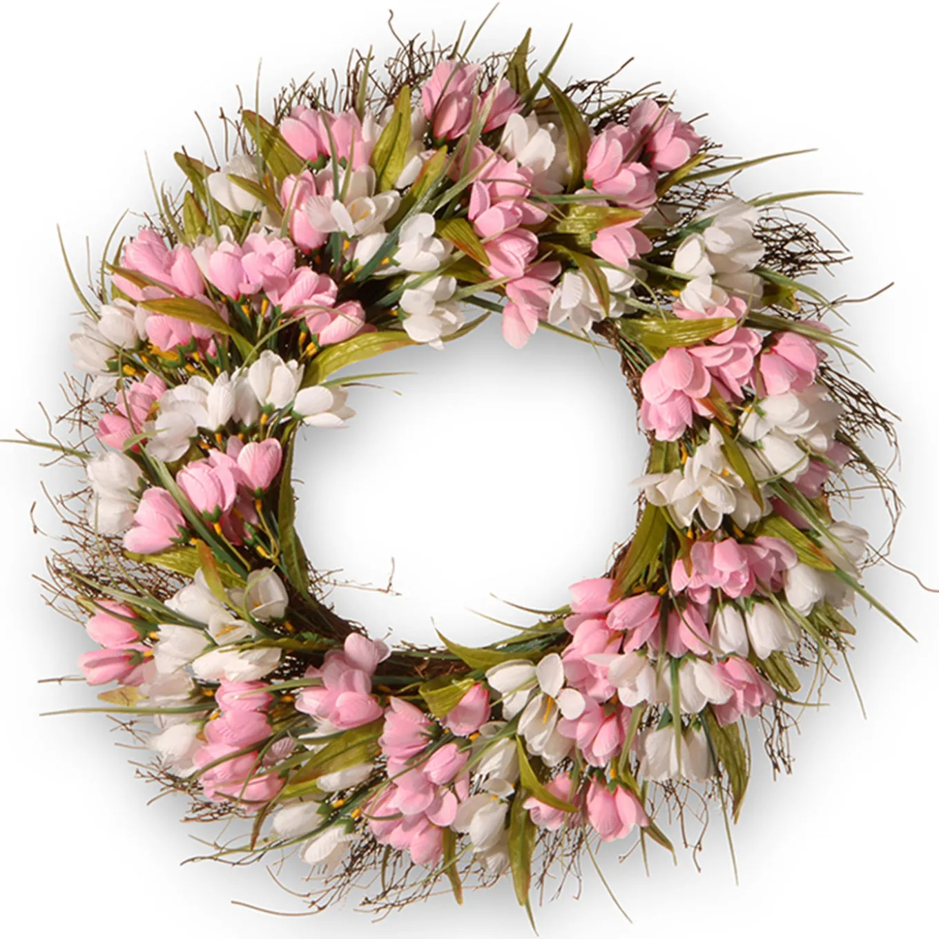 21 in. Spring Wreath with Pink and White Tulips, Flowing Green Stems