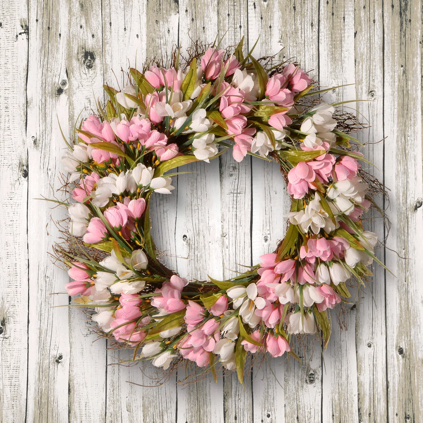 21 in. Spring Wreath with Pink and White Tulips, Flowing Green Stems