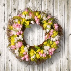 21 in. Spring Wreath with Pink, Yellow and White Tulips