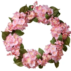 24 in. Spring Wreath with Pink Hydrangea Blooms, Berry Clusters, Leafy Greens