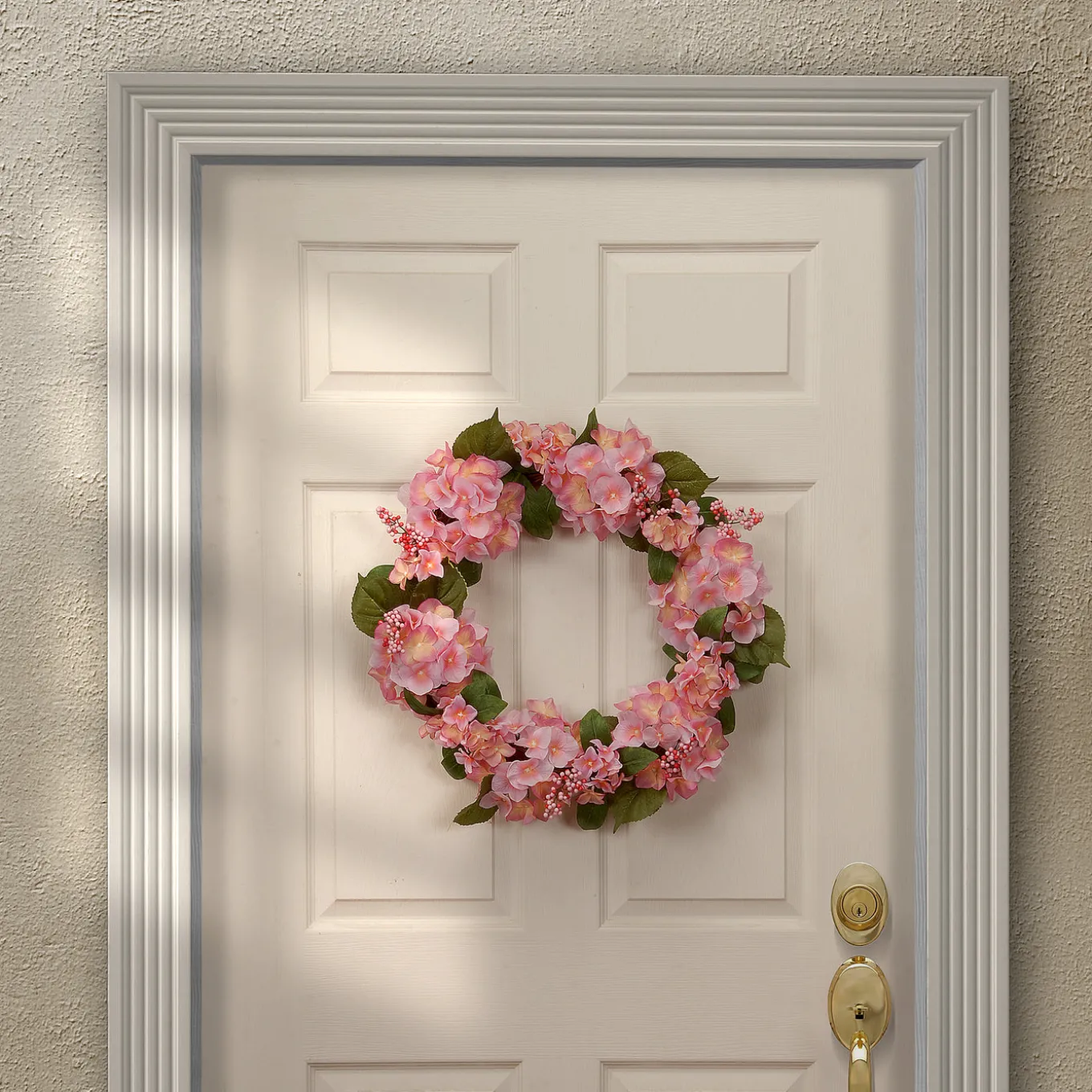 24 in. Spring Wreath with Pink Hydrangea Blooms, Berry Clusters, Leafy Greens