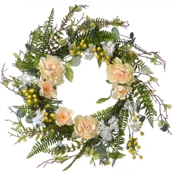 20 in. Spring Wreath with Pink and White Flower Blooms, Yellow Berry Clusters, Fern Fronds