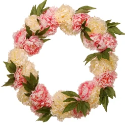 24 in. Spring Wreath with Pink and White Peony Blooms, Leafy Greens