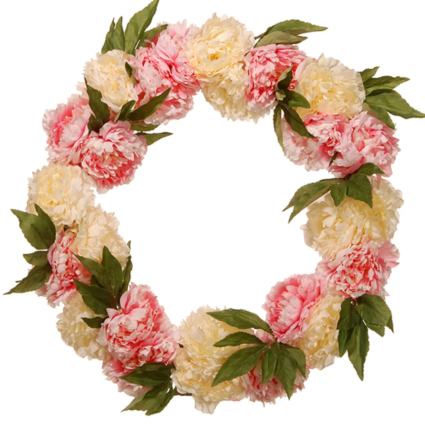 24 in. Spring Wreath with Pink and White Peony Blooms, Leafy Greens