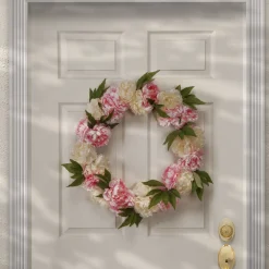 24 in. Spring Wreath with Pink and White Peony Blooms, Leafy Greens