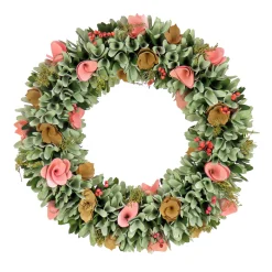 18 in. Spring Wreath with Pink and Brown Assorted Wood Cut Flowers, Flowing Green Leaves