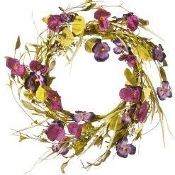 22 in. Spring Wreath with Purple Pansy and Poppy Flowers, Seed Pods, Leafy Greens