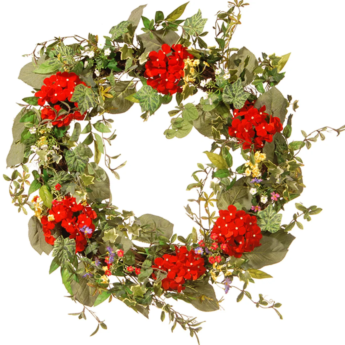 32 in. Spring Wreath with Red Flower Blooms, Flowing Green Stems