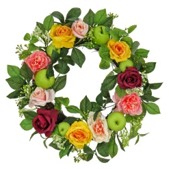 22 in. Spring Wreath with Rose and Peony Blooms, Apples, Leafy Greens