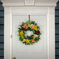 22 in. Spring Wreath with Rose and Peony Blooms, Apples, Leafy Greens