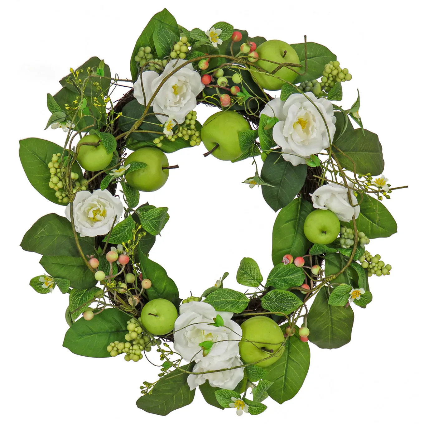 24 in. Spring Wreath with Rose Blooms, Apples, Leafy Greens