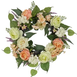 24 in. Spring Wreath with Rose and Peony Flower Blooms, Leafy Greens
