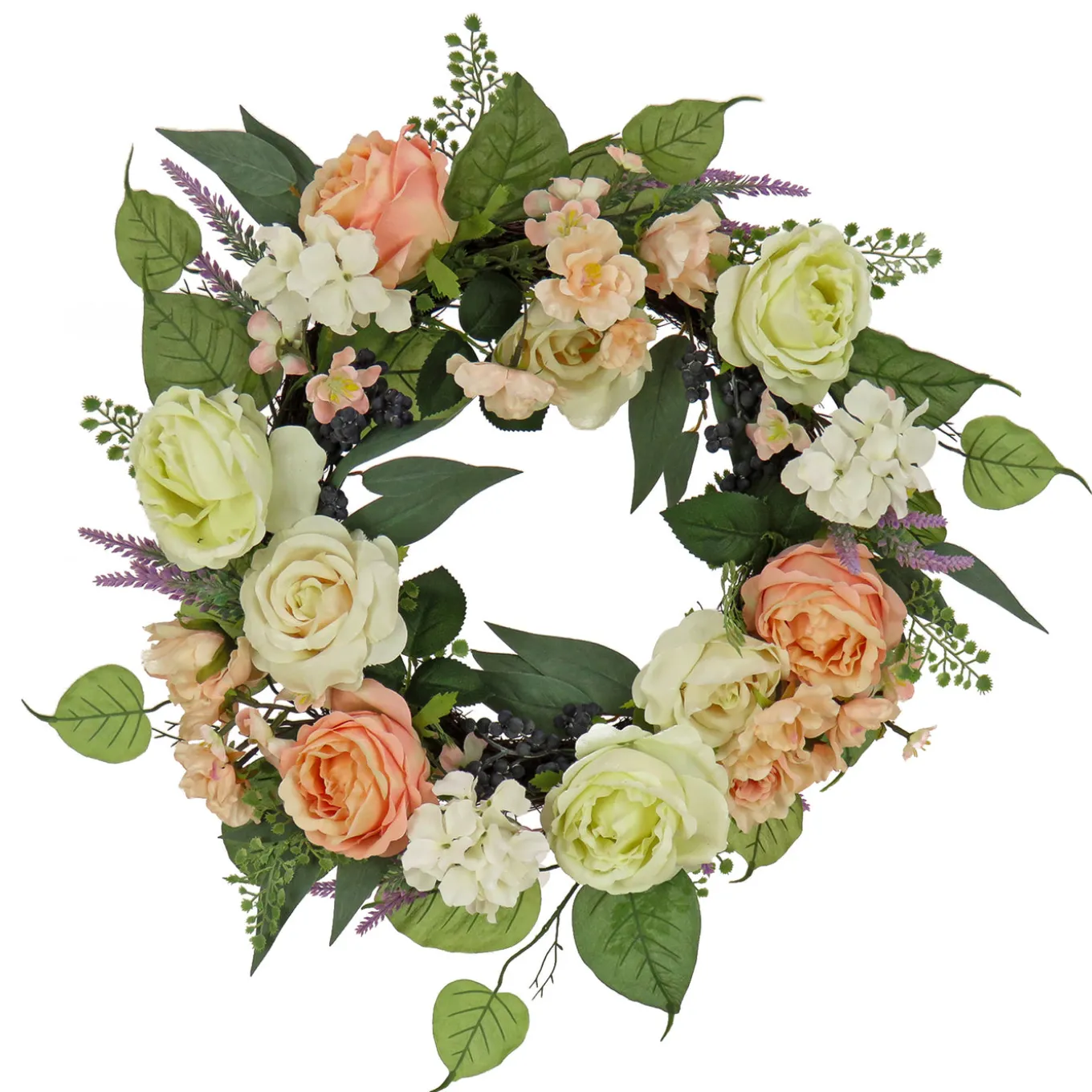 24 in. Spring Wreath with Rose and Peony Flower Blooms, Leafy Greens