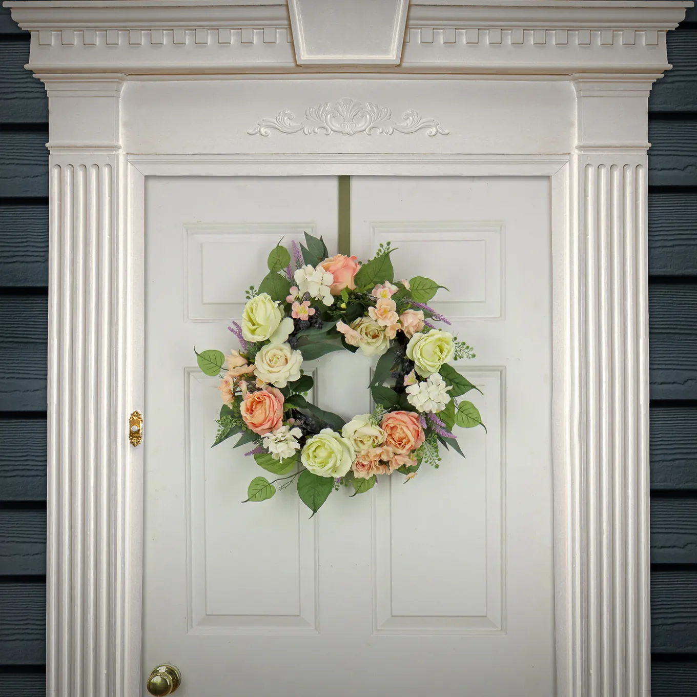 24 in. Spring Wreath with Rose and Peony Flower Blooms, Leafy Greens