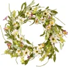 20 in. Spring Wreath with White and Purple Mixed Flower Blooms, Flowing Green Stems, Seed Pods
