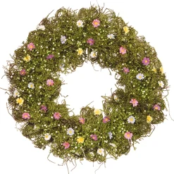 19 in. Spring Wreath with Yellow, White, Pink and Blue Flower Blooms, Green Ivy, Berries