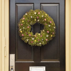 19 in. Spring Wreath with Yellow, White, Pink and Blue Flower Blooms, Green Ivy, Berries
