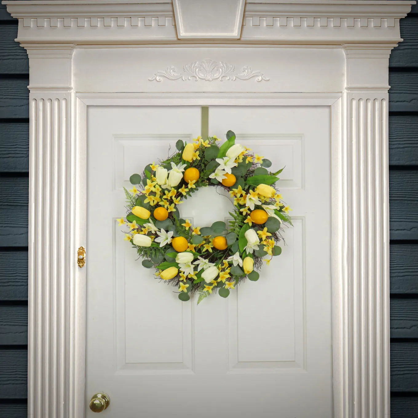 22 in. Spring Wreath with Yellow Tulip Blooms, Lemons, and Forsythia Flower Blossoms
