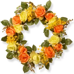 20 in. Spring Wreath with Yellow and Orange Rose Blooms, Seed Pods, Berry Clusters, Leafy Greens