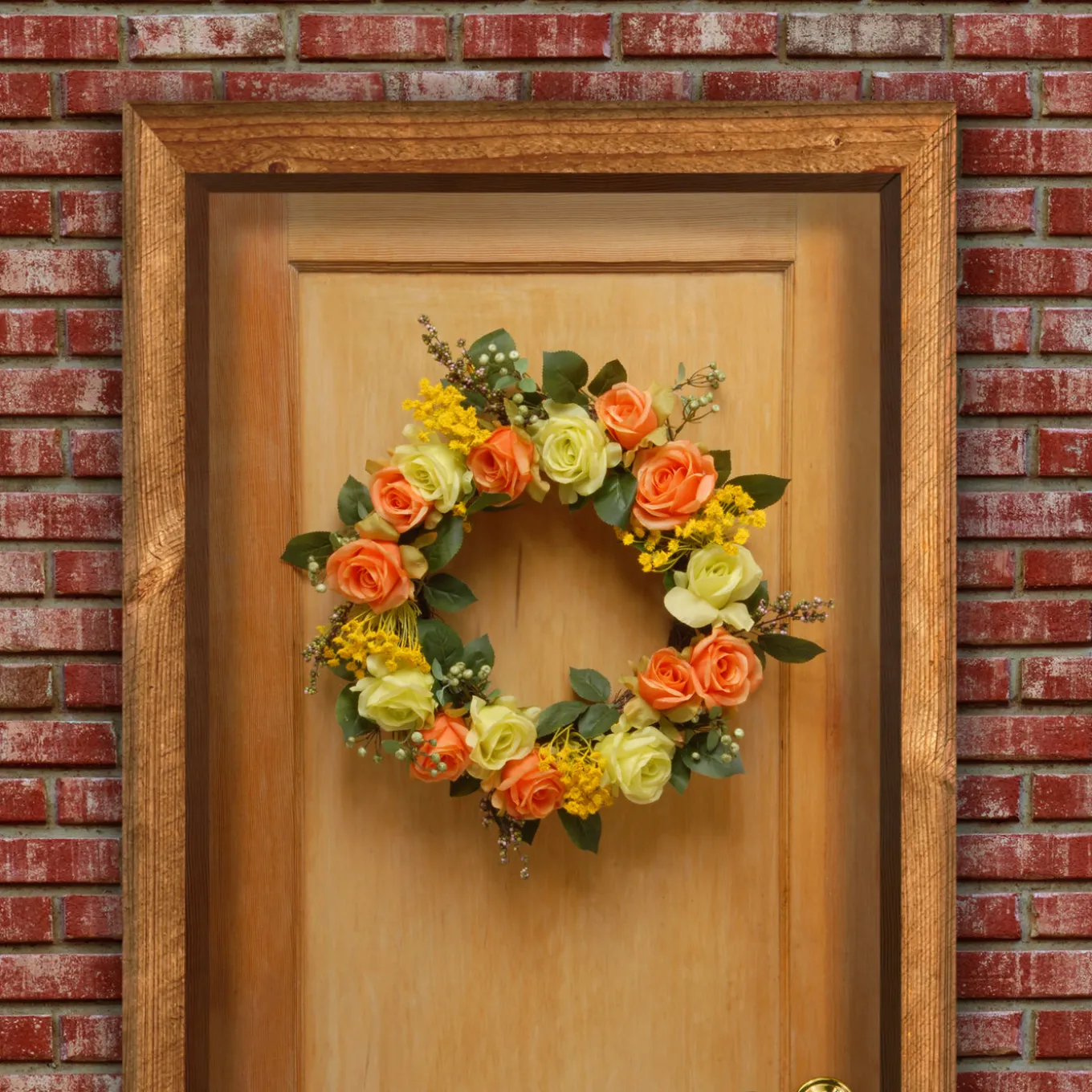 20 in. Spring Wreath with Yellow and Orange Rose Blooms, Seed Pods, Berry Clusters, Leafy Greens