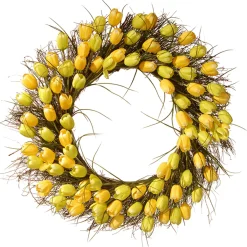 32 in. Spring Wreath with Yellow Tulip Blooms, Flowing Green Stems