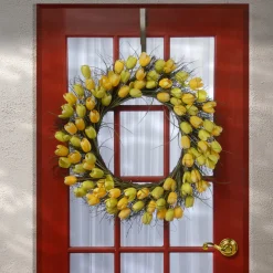 32 in. Spring Wreath with Yellow Tulip Blooms, Flowing Green Stems