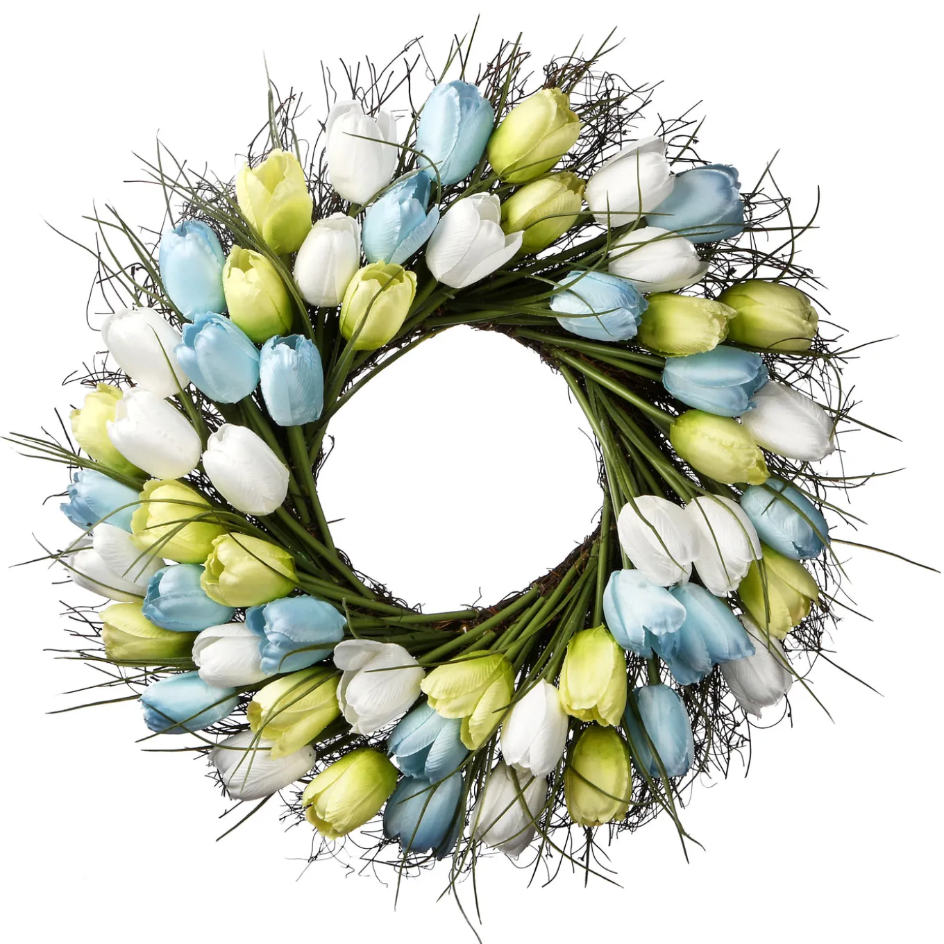 22 in. Spring Wreath with Yellow, Blue and White Tulips