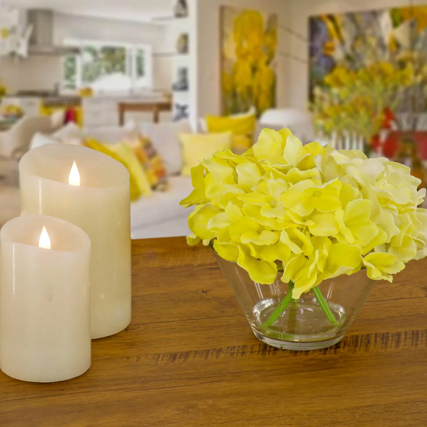 8 in. Spring Yellow Hydrangea Bouquet in Glass Vase