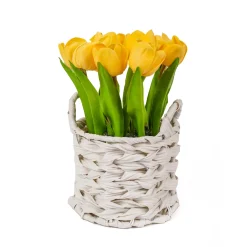 10 in. Spring Yellow Tulip Bouquet in White Basket