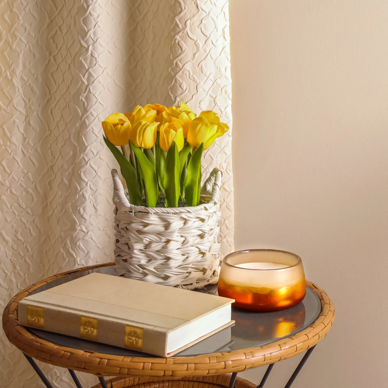 10 in. Spring Yellow Tulip Bouquet in White Basket