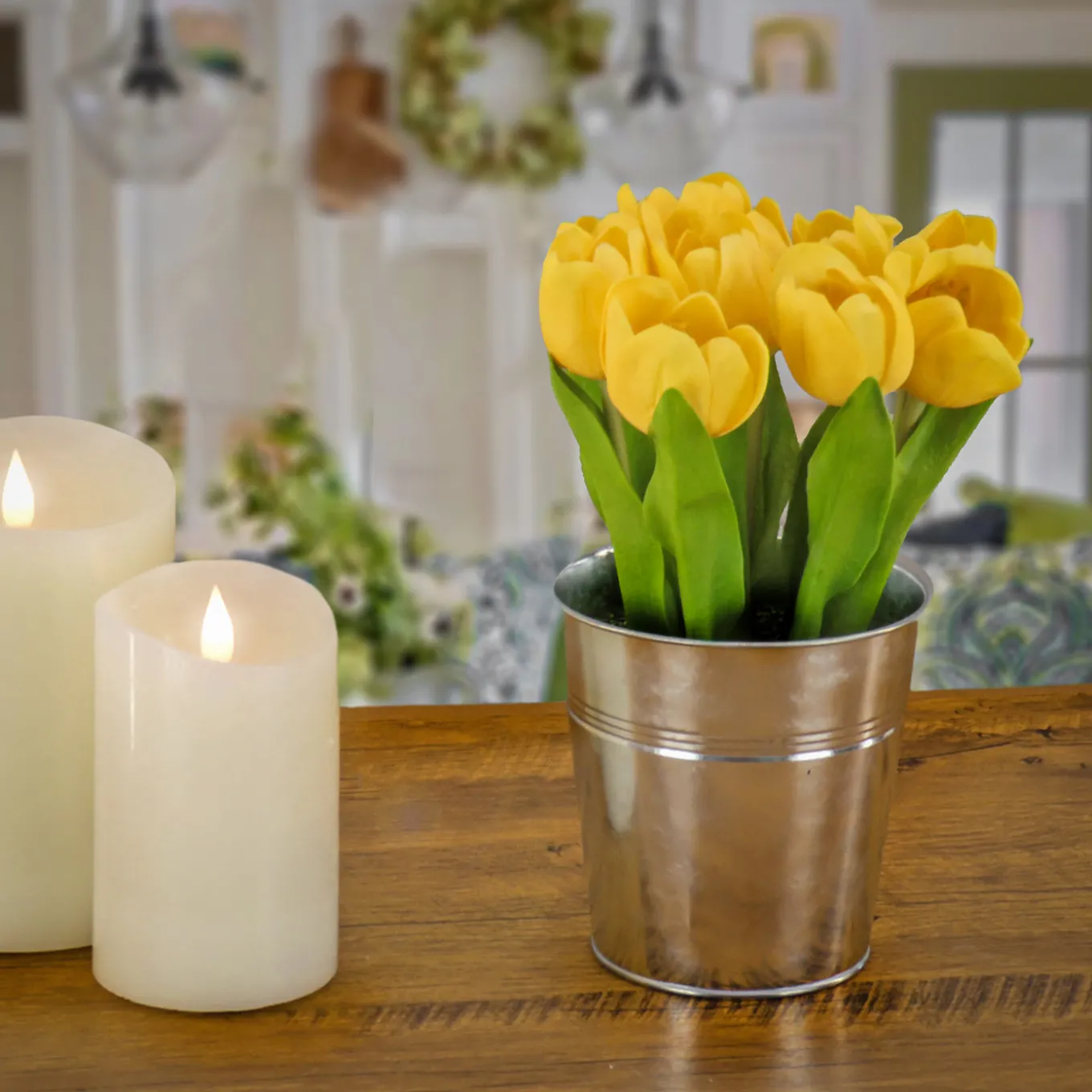 9 in. Spring Yellow Tulip Bouquet in Metal Pot