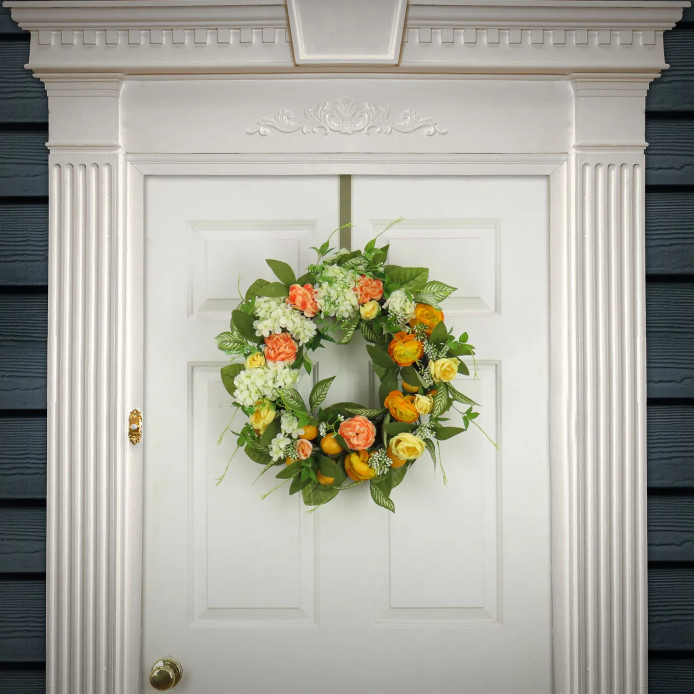 24 in.Spring Wreath with Lemons, Hydrangeas, and Buttercups