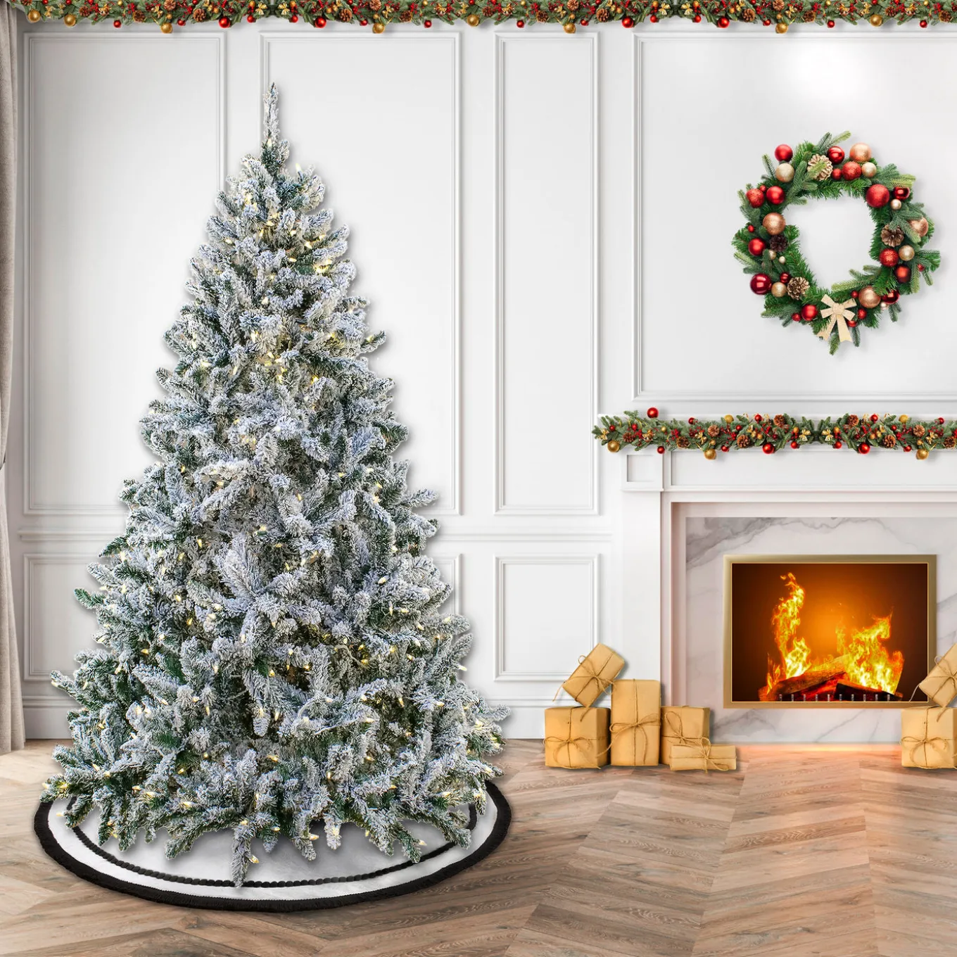 9ft. Pre-Lit Snowy Hudson Hinged Tree with PowerConnect Warm White LED Lights
