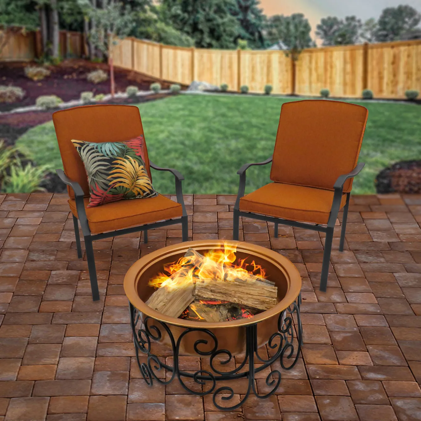 30in. Copper Finish Steel Outdoor Fire Pit with Ornate Black Stand, Screen Cover, Fire Poker