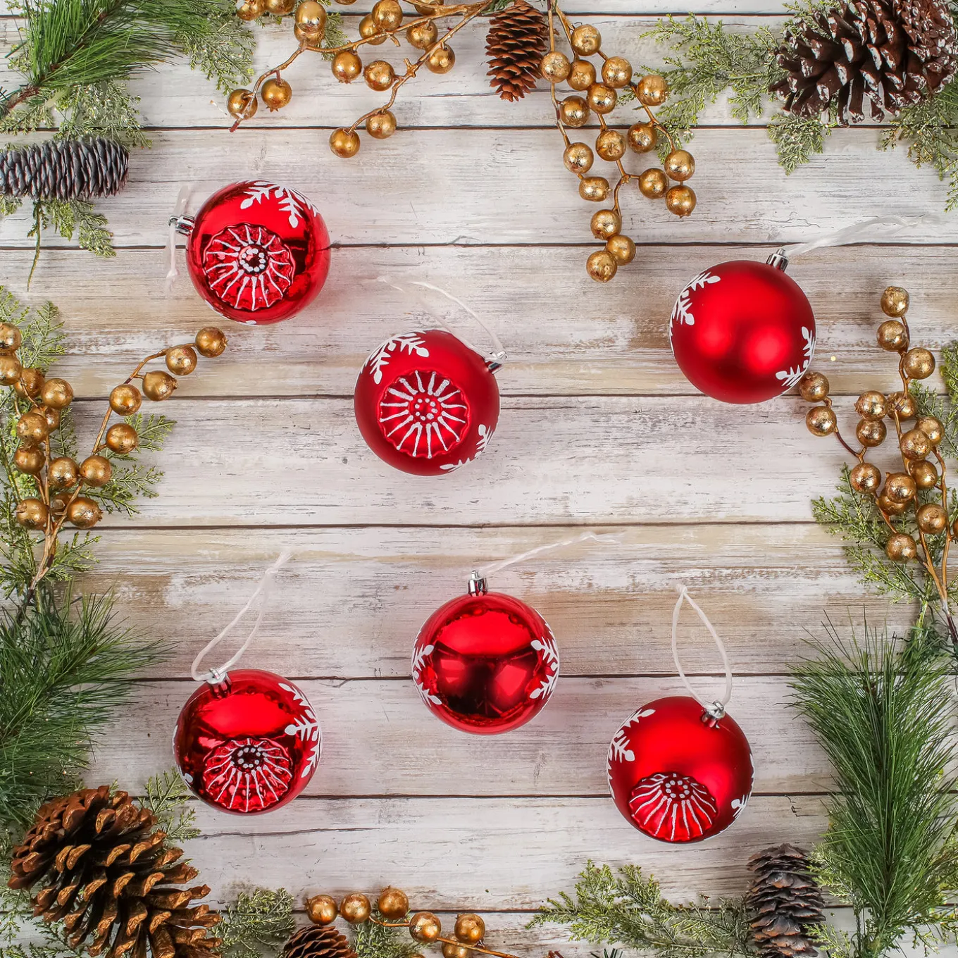 6-Piece Shatterproof Snowflake Red Ornaments