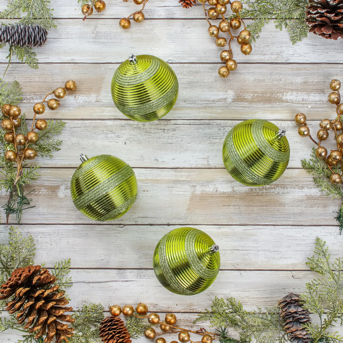 4-Piece Shatterproof Swirling Lime Green Ornaments