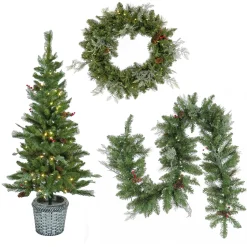 Pre-Lit Buzzard Pine Assortment Set of 1 Entrance Tree, 1 Wreath, 1 Garland