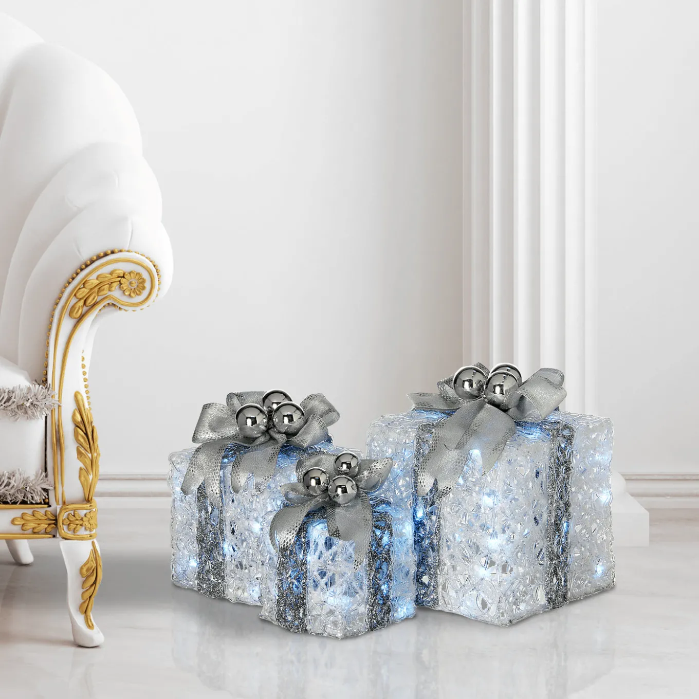 Pre-Lit Decorated White Gift Box Assortment