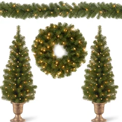 Pre-Lit Evergreen Assortment Set of 2 Entrance Trees, 1 Wreath, 1 Garland