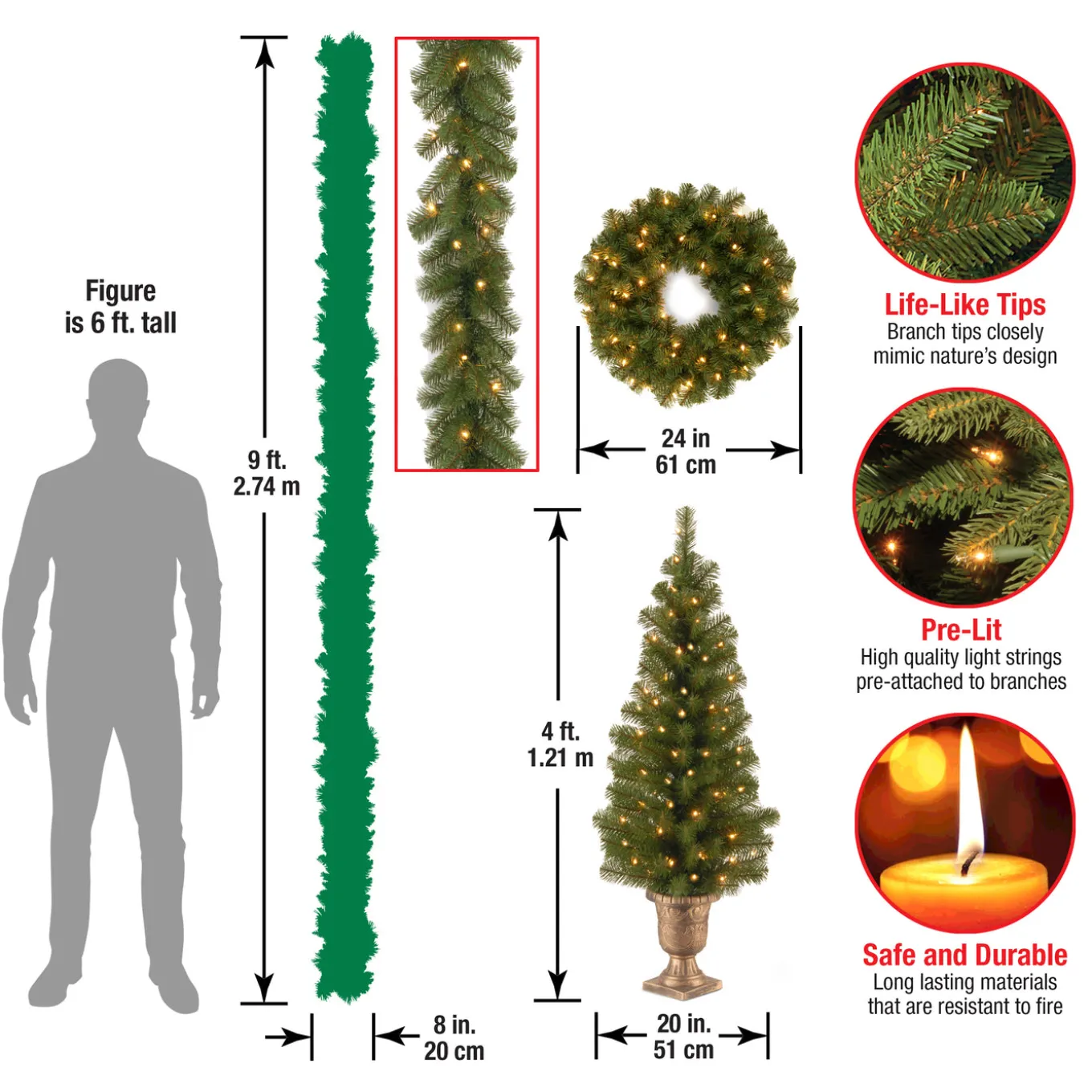 Pre-Lit Evergreen Assortment Set of 2 Entrance Trees, 1 Wreath, 1 Garland