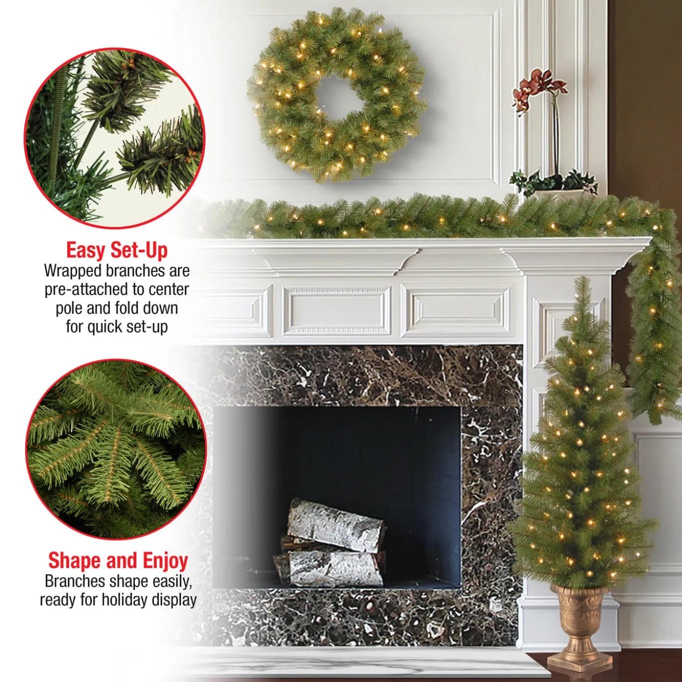 Pre-Lit Evergreen Assortment Set of 2 Entrance Trees, 1 Wreath, 1 Garland