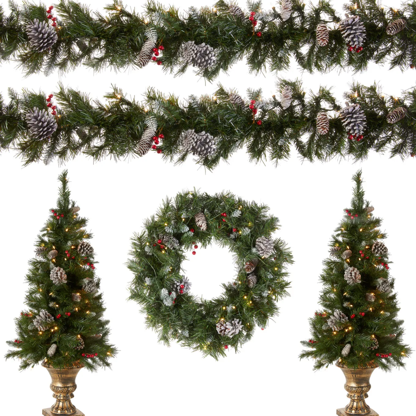 Pre-Lit Frosted Berry Assortment with 2 Entrance Trees, 1 Wreath, 2 Garland