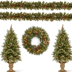 Pre-Lit Frosted Berry Assortment with 2 Entrance Trees, 1 Wreath, 2 Garland