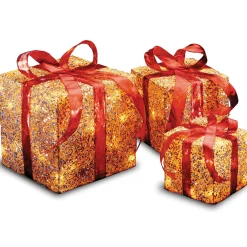Pre-Lit Gold Gift Box with Red Bow, Set of Three, White Lights